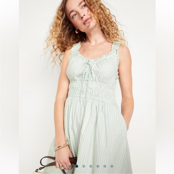 EUC Old Navy Waist-Defined Ruffled Midi Dress Green Striped Large - Picture 2 of 5